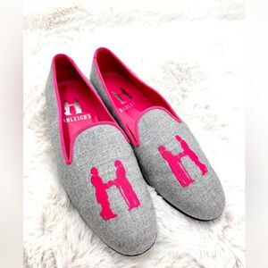 Hadleigh’s Audrey Linen Loafer embroidered flats 39 US 9 Pink smoking slipper